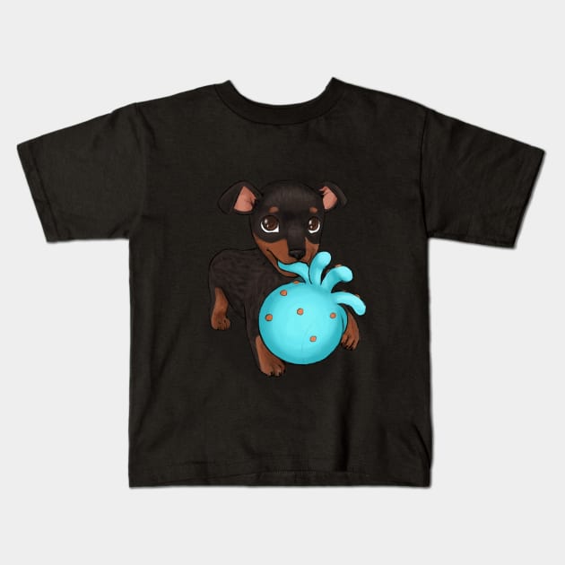 Miniature Doberman Pinscher Puppy on Moss Green Kids T-Shirt by PaperRain